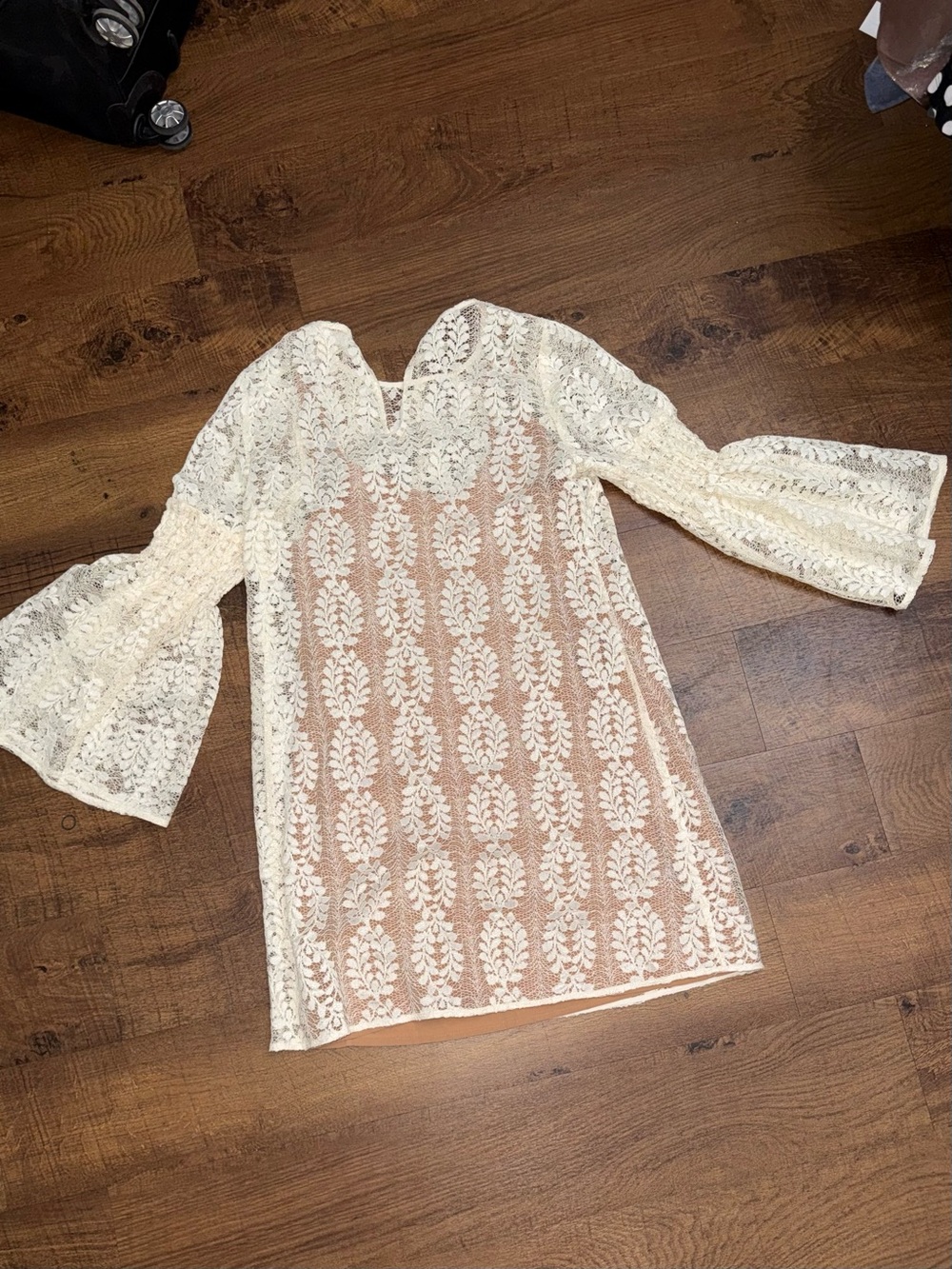 Ivory Lace Bell-Sleeve Tunic Dress